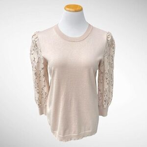 Adrianna Papell Champagne Pink Blush Pullover Crewneck Sweater Lace Sleeves